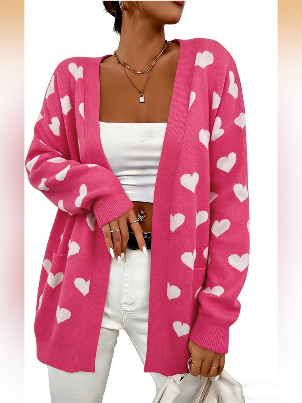 Pink Heart Print Open-Front Cardigan